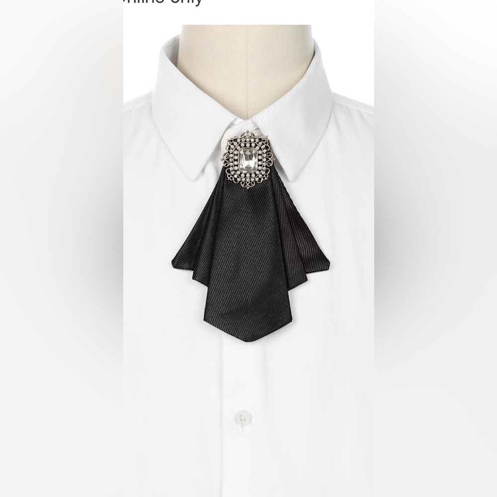 Black Ribbon Rhinestone and Pearl Bow Brooch Neck Pin, Tie. Gold Tone